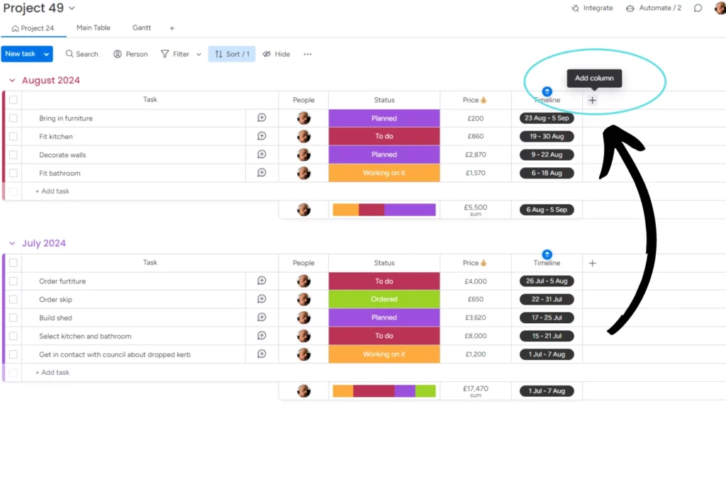 Screenshot of monday.com showing how to add the dependency column