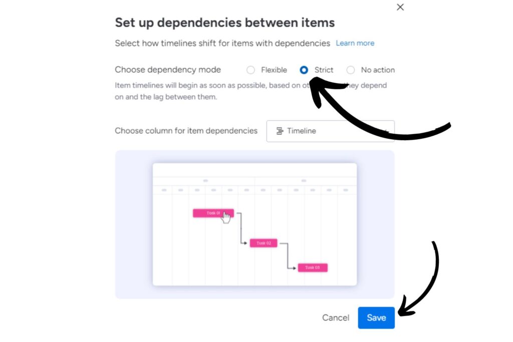 Screenshot of monday.com to show how to confirm the change of dependency mode