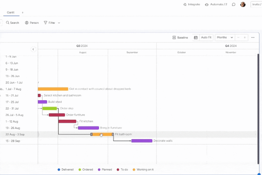 GIF to show how the strict dependency mode works on a monday.com Gant chart