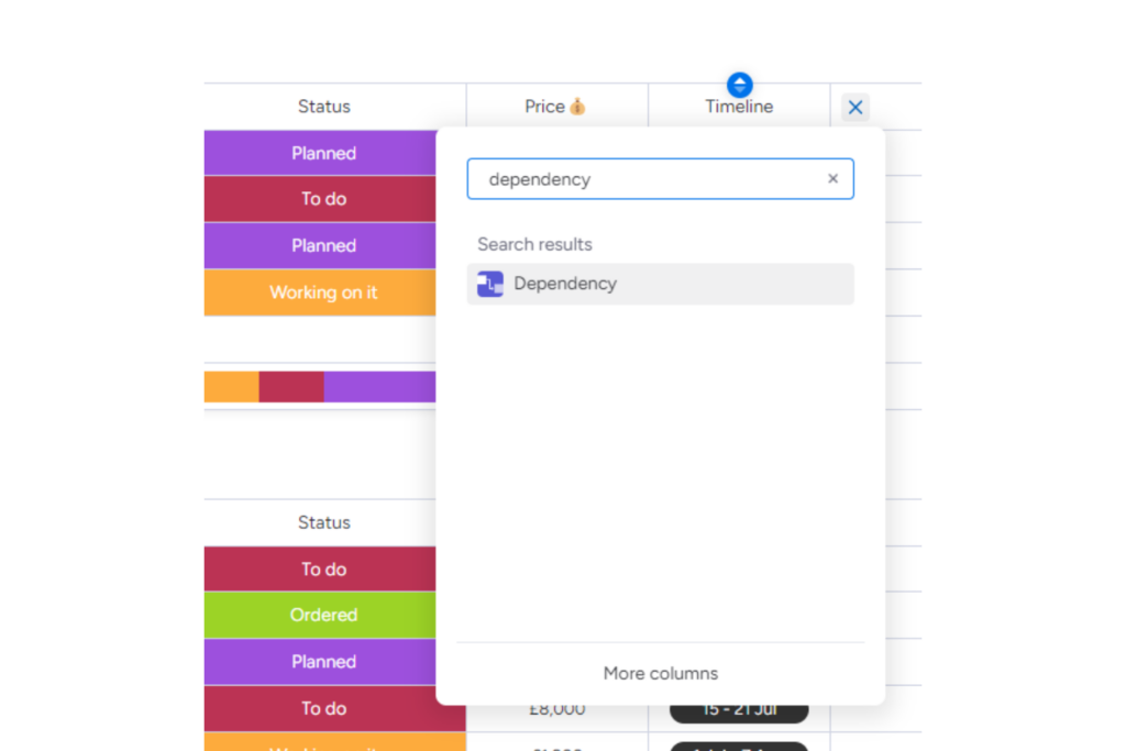 Screenshot of monday.com showing how to select dependencies