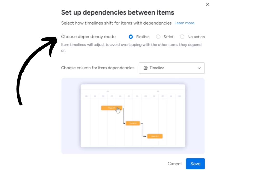 Screenshot of monday.com dependency modes