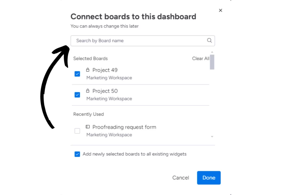 Screenshot showing how to select the boards which you want to connect to your dashboard