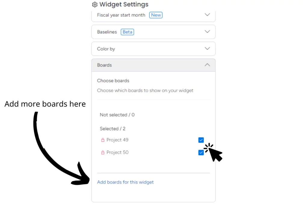 Screenshot showing how to add more board connections to a widget