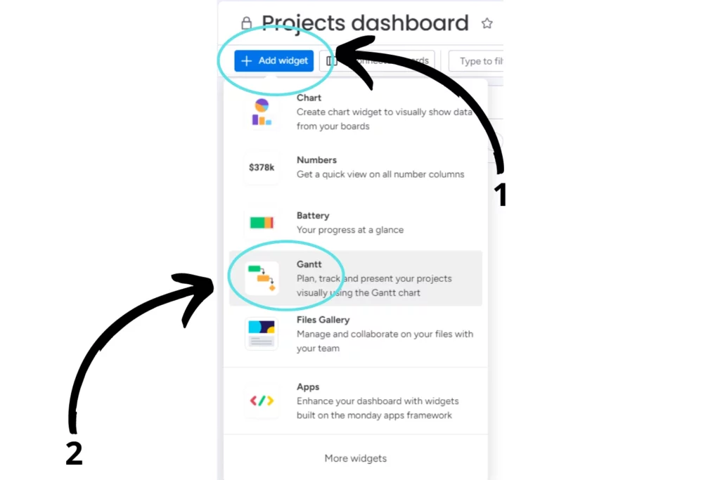 Screenshot showing how to get a Gantt view on a dashbaord