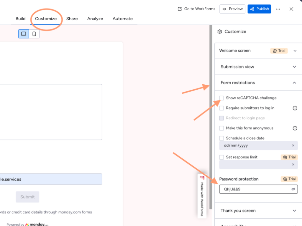 screenshot of monday.com form add password or add reCAPTCHA