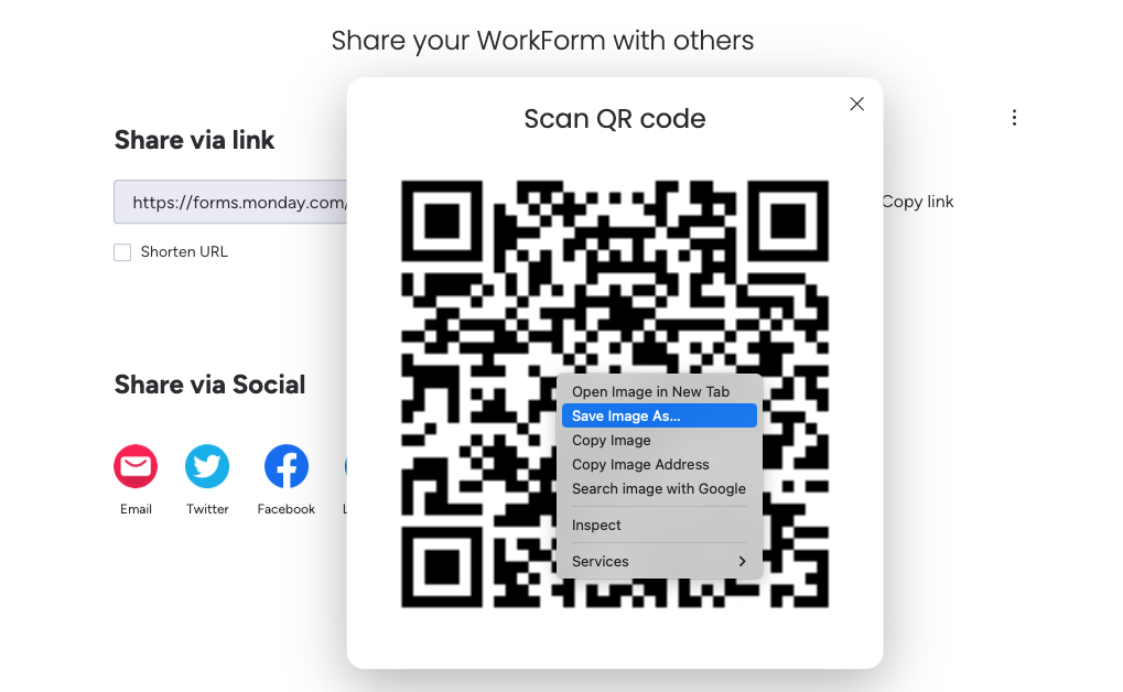 Screenshot of monday.com form QR code to save as png