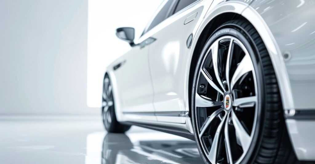 Image of car wheels and car in white room