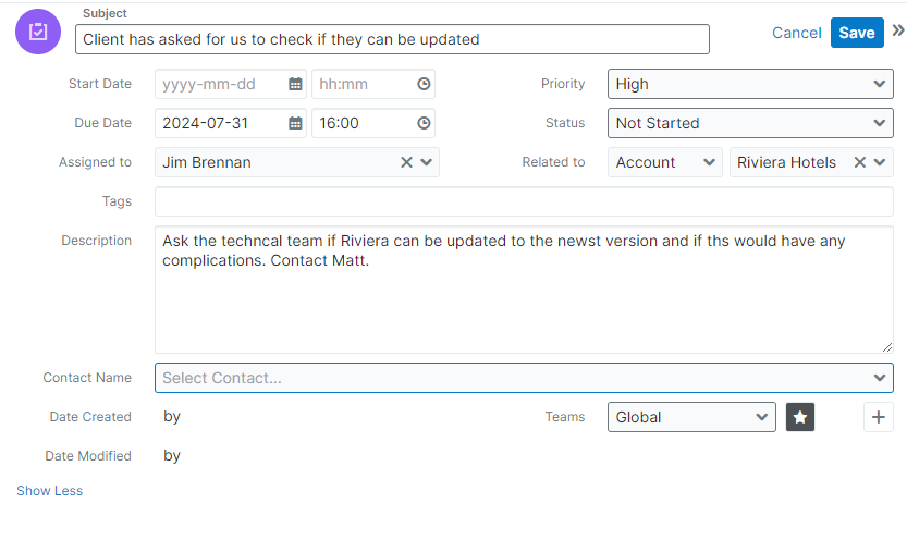 Screenshot of creating a task within an account in SugarCRM