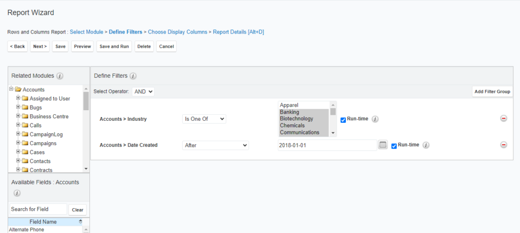 Screenshot of creating a report within SugarCRM