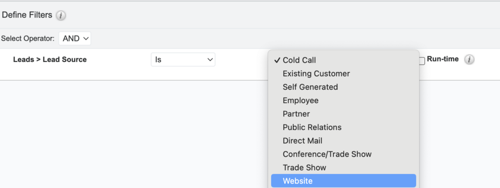 Screenshot of defining lead source in Sugarcrm reports