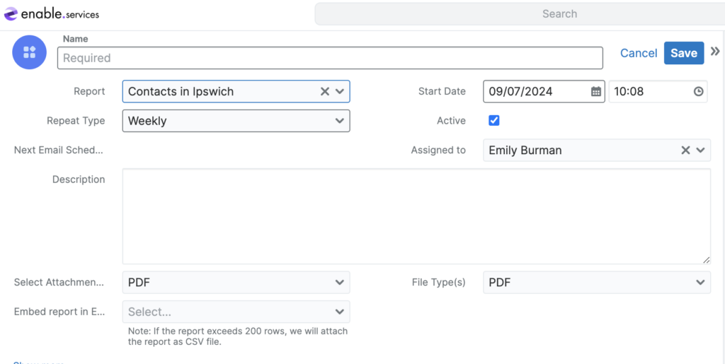 Screenshot of report schedule set up screen sugarcrm