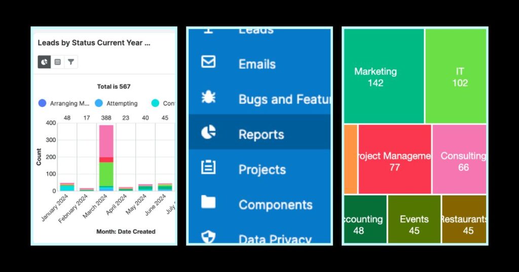 Screenshots of Sugar reporting tools on collage graphic