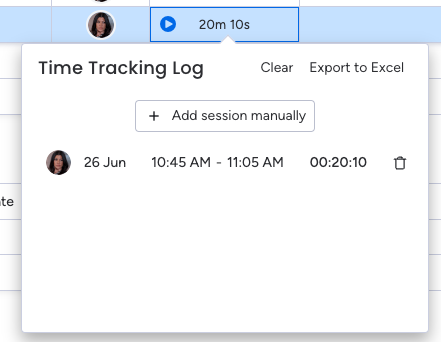 Screenshot of time tracking log window