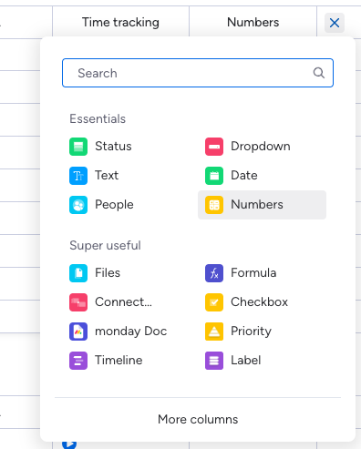 Screenshot of search for numbers column app