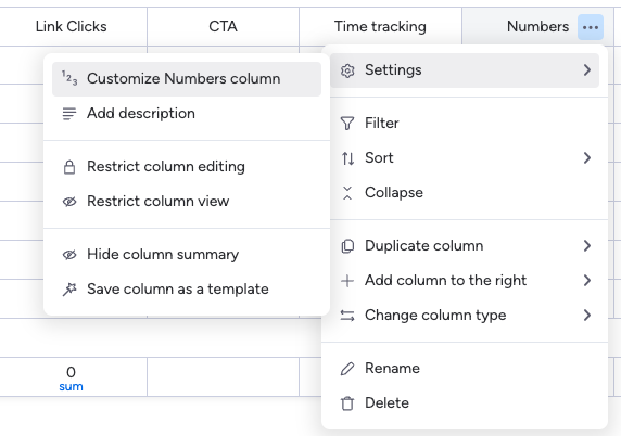 Screenshot of numbers column customisation dropdown