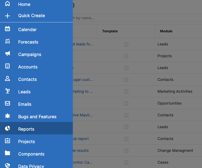 Screenshot of reports module on Sugarcrm sidebar