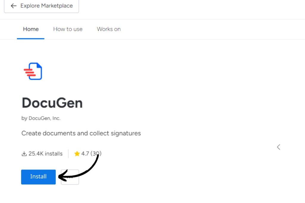 Screenshot of installing DocuGen within the app marketplace