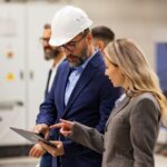 man and woman in hard hat in factory reading off a tablet device