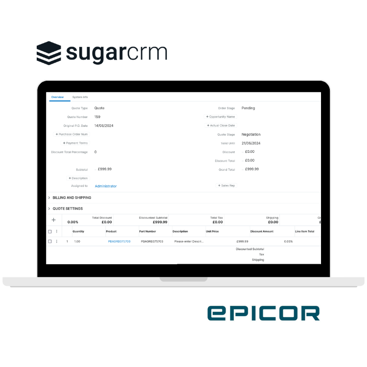 Screenshot of Sugar and epicor on laptop with logos