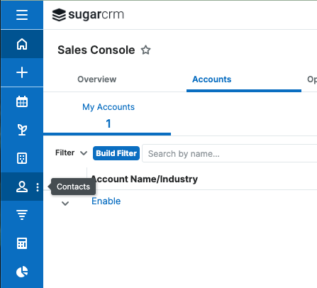 Screenshot of selecting contacts tab on SugarCRM