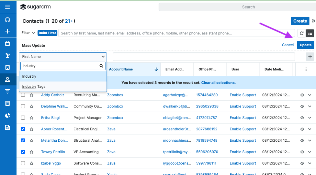 Screenshot of selecting the industry tag to update on mass update on sugarcrm