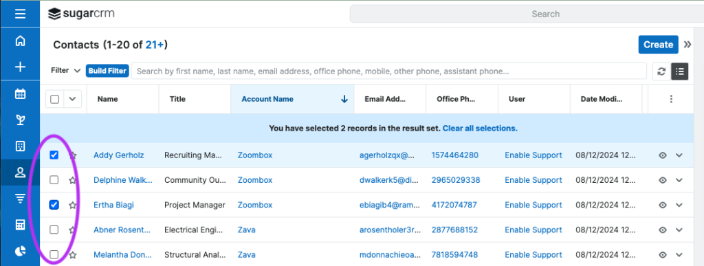 Screenshot of boxes being ticked to merge SugarCRM files