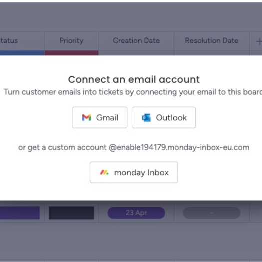 Screenshot of email integration with outlook and gmail on monday service