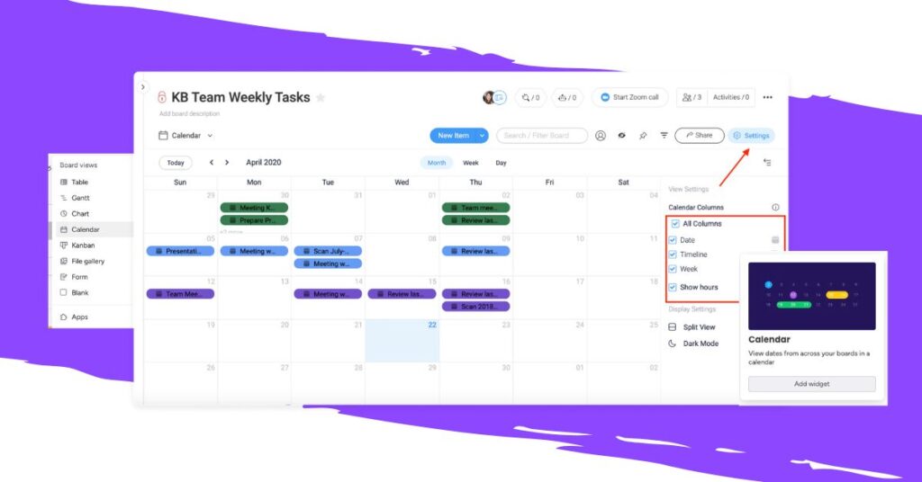 Screenshots of calendar view against purple background on monday.com