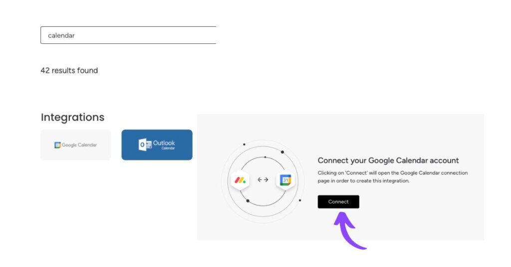 screenshot of connecting google and outlook calendars with monday.com