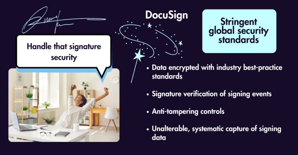 Image of professional resting in office because document signing security is handled by docusign. Bullet point text on security measures used.