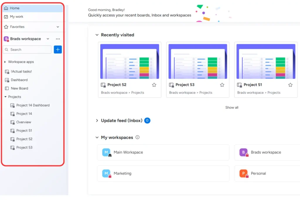 Screenshot of monday.com showing how to navigate to your boards