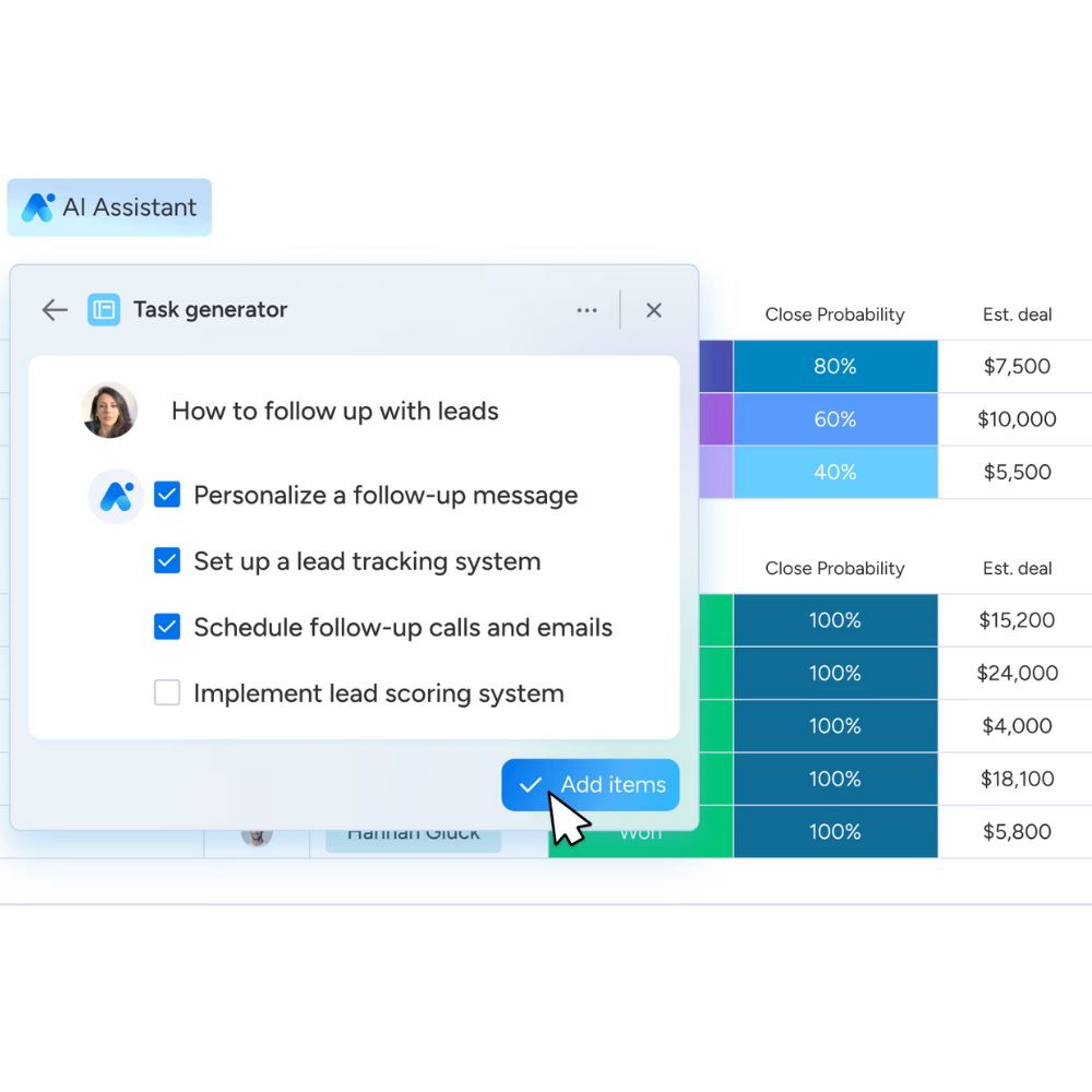 Screenshot of ai generator on monday CRM