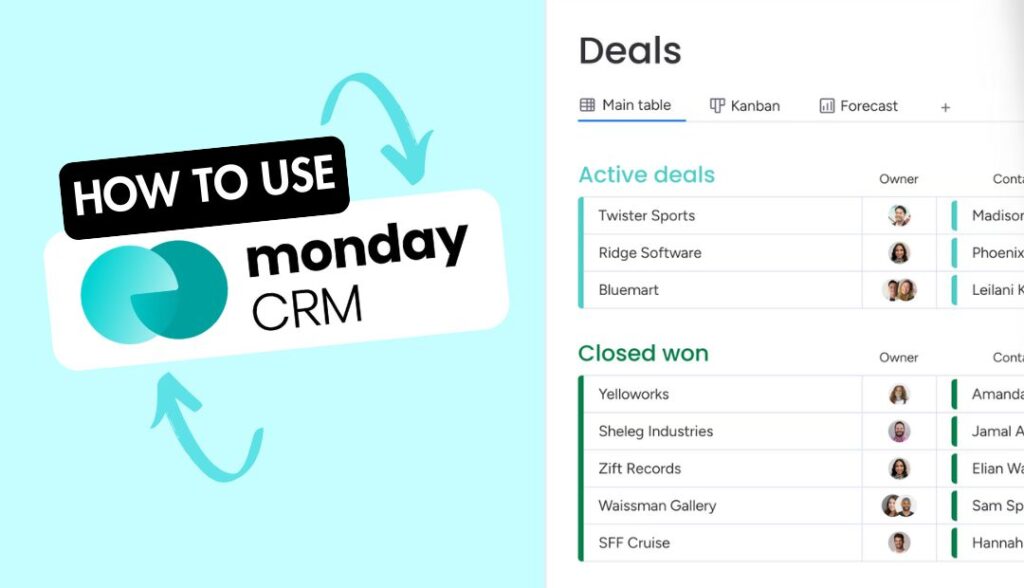 Screenshot of deals board on monday crm next to title saying how to use monday crm