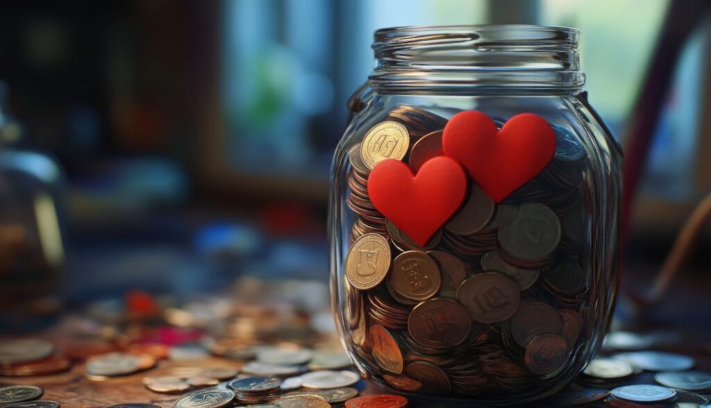 Jar on table filled with coins and red hearts