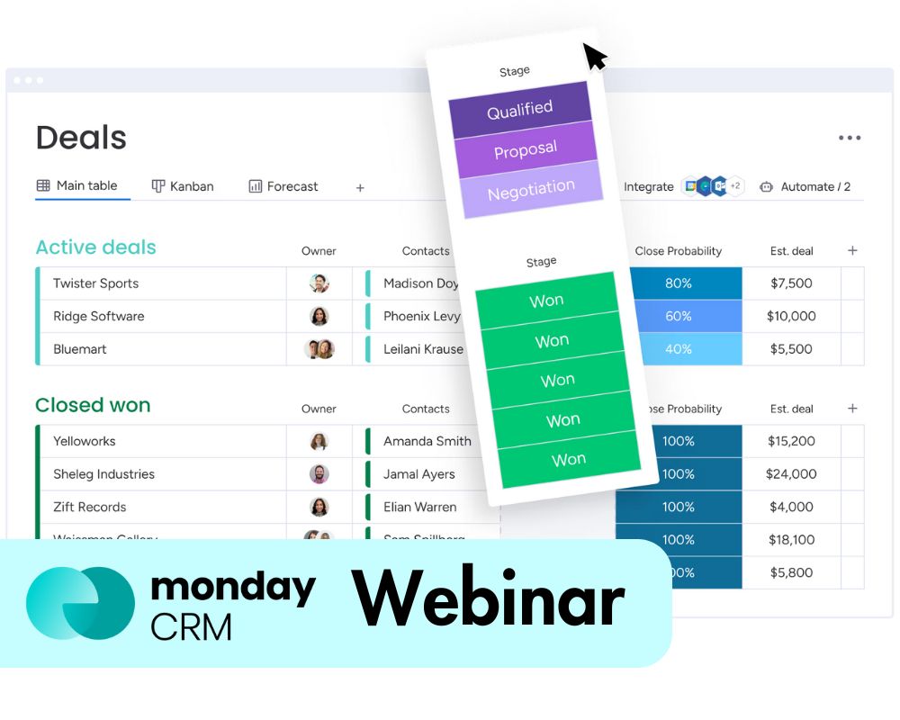 screenshot of deals board on monday crm with monday crm webinar text over