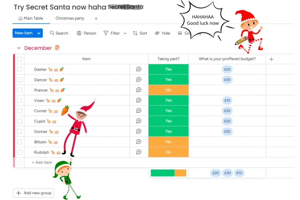 Screenshot of monday.com Secret Santa board which is being edited and sabotaged by elves