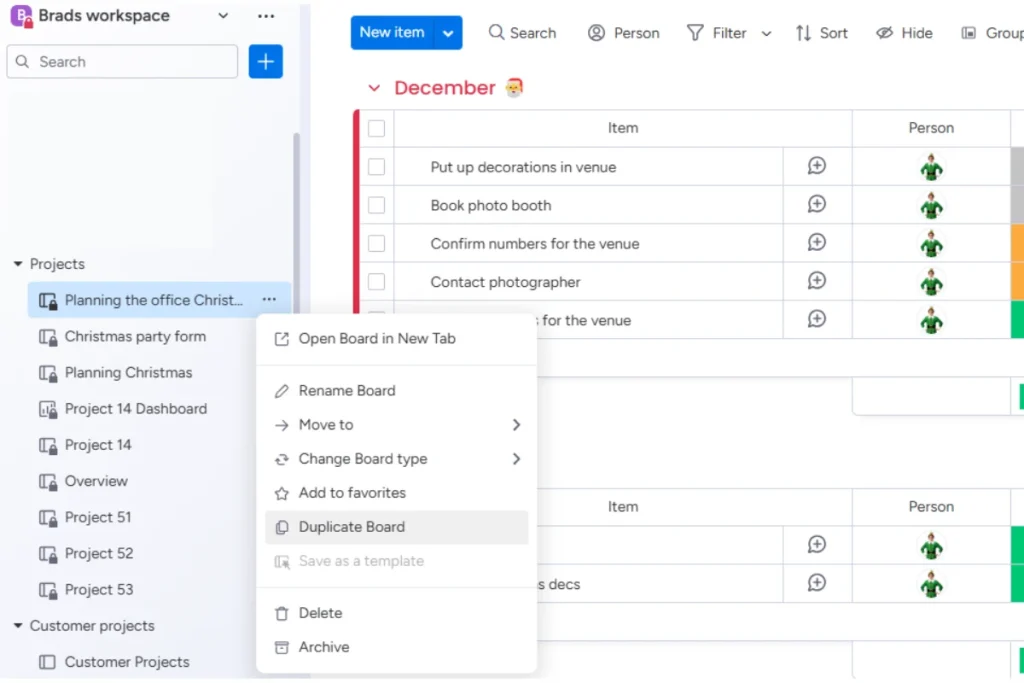 Screenshot of how to locate the duplicate button in a monday.com board