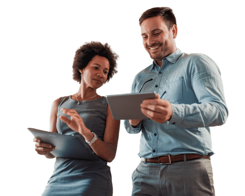 man and woman on tablets smiling on transparent background