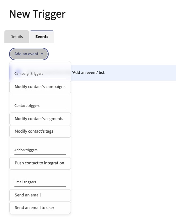 screenshot of adding a new trigger on mautic