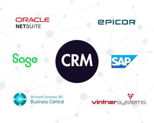 CRM graphic featuring logos for Oracle Netsuite Epicor Safe SAP Microsoft Business Central Vitner