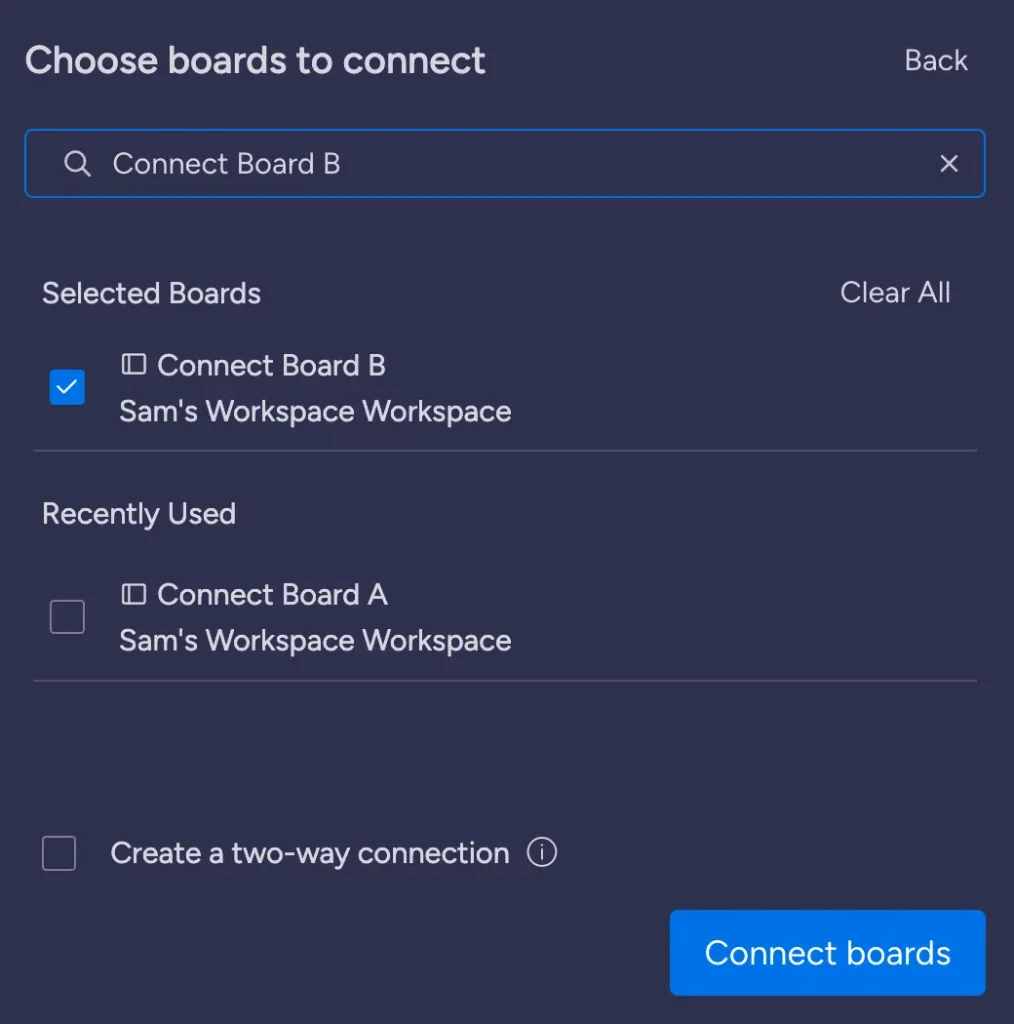 Connect Boards menu in monday.com