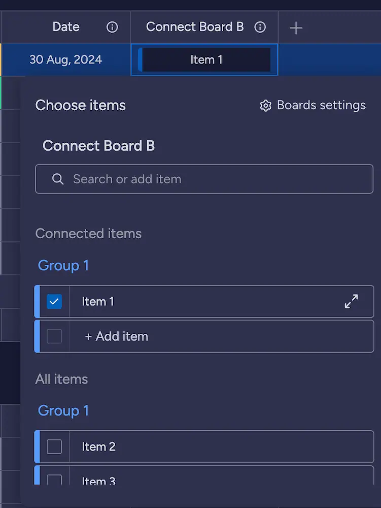 Connect boards options on monday.com