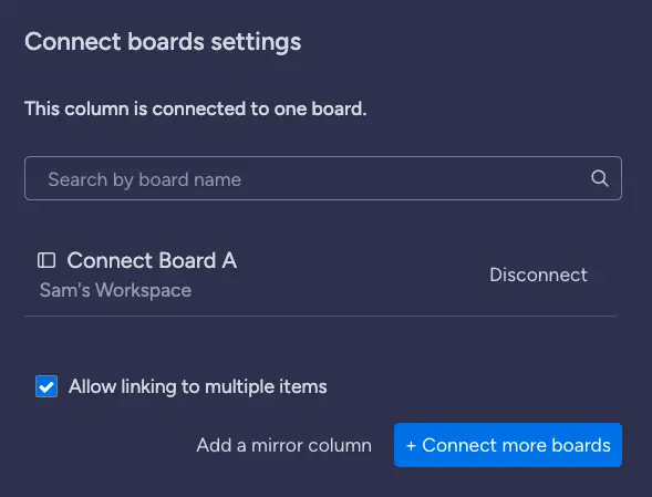 Connect board settings menu in monday.com