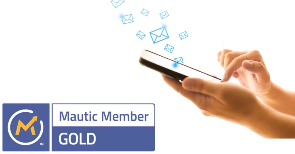 Image showing emails sending from a phone and a Mautic Gold Member badge