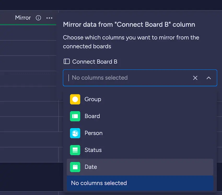 Picking data to mirror in monday.com