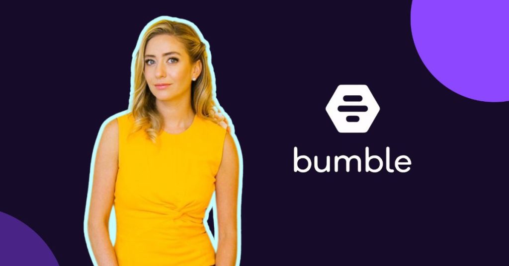 Photo of Whitney Wolfe Herd next to Bumble Logo